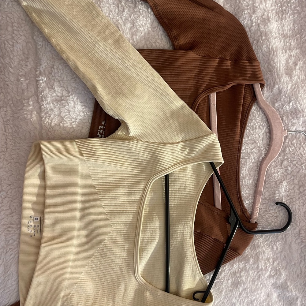 Ribbed Long Sleeve Tees - Cream and Brown